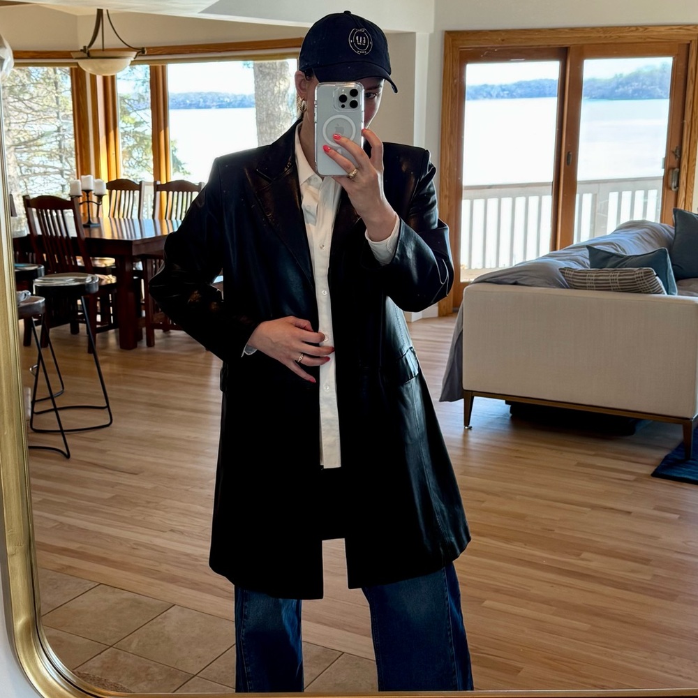 Lambskin Long Leather Coat Vintage Faconnable Black Jacket